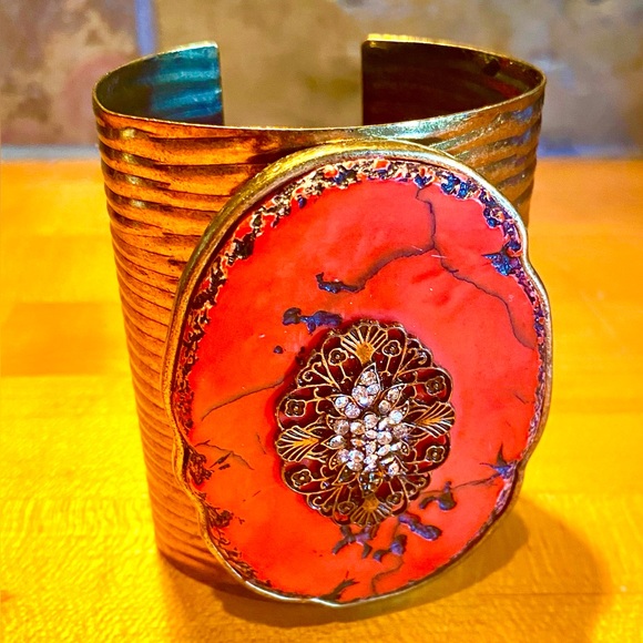 Vintage Studded Red Turquoise Brass Boho Statement Cuff - Picture 4 of 11